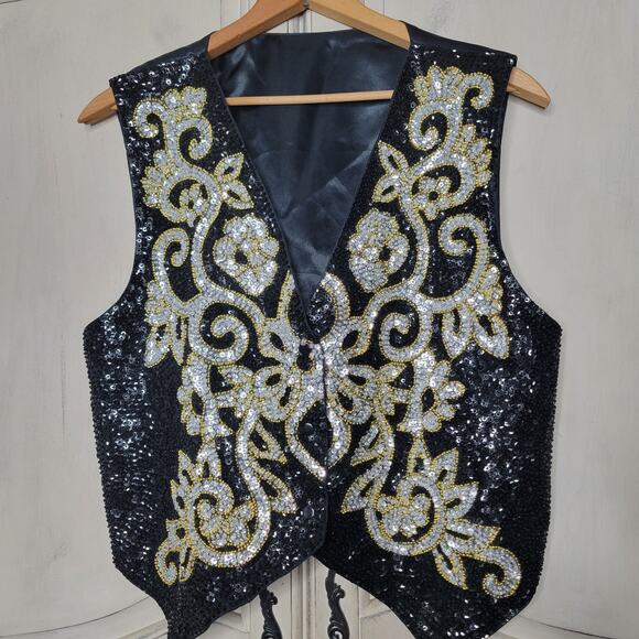 Fashion Fantasy Jackets & Blazers - VTG Fashion Fantasy Sequin Satin Vest Snap Button Sparkle Embellished Unisex✨️XL
